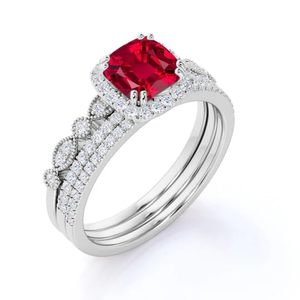 <b>925</b> Sterling <b>Silver</b> Lab Created Ruby Cushion Cut Classic Engagement Wedding <b>Ring</b> Diamond Halo Gemstone - Product Image 1