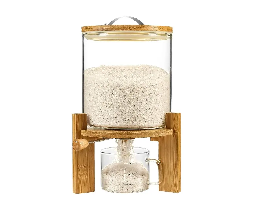 5L Premium Rice Storage Container Bamboo Stand-Glass Measuring Cup Glass Food Storage Box Rice Dispenser with Airtight Lid