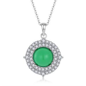 Collier pendentif halo en argent sterling 925 avec calcédoine verte, cabochon rond, bijou vintage pour femme - Product Image 1