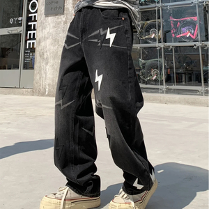 <span class=keywords><strong>Jeans</strong></span> Casual da Uomo con Lavaggio Stone Wash Nero Sfumato, Stile Lightning, Vestibilità Ampia, Pantaloni Lunghi in Denim con Toppe in <span class=keywords><strong>Pelle</strong></span> - Product Image 2