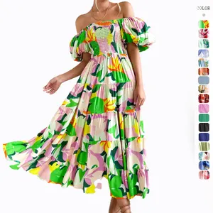 2023 Summer New Bubble Sleeve Holiday Slim Long Dress Spicy Girl High Waist Off Shoulder Printed Dress Wom