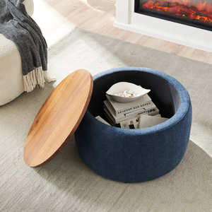 Round Storage Ottoman Navy 25.5x25.5x14.5 Inches With Wooden Lid Multi Functional Coffee <b>Table</b> And Seat - Product Image 1