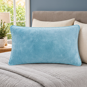 Housse de coussin lombaire en velours de qualité supérieure |   Coussin rectangulaire décoratif bleu aqua avec passepoil assorti pour canapé et chambre à coucher - Product Image 5
