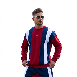Conjunto de Sudadera con Cuello Redondo y Bloques de Color para Hombre, Rojo, Azul y Blanco, Estilo Casual para Otoño, Manga Larga, Corte Regular, 100% Algodón - Product Image 1