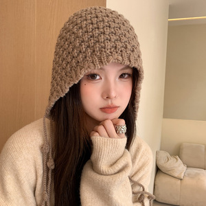 Red Hand Knitted Ski Cap With Tassel Warm Woolen Hat For Women Autumn Winter Style Earm Protector Solid Color Keep Warm - Product Image 3