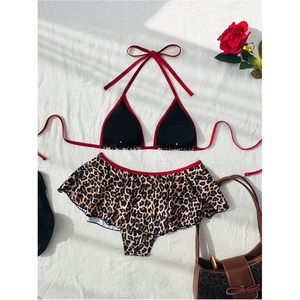 FOXA Ensemble bikini 2 pièces à volants léopard pour femme, maillot de bain triangle à bretelles contrastées - Product Image 3