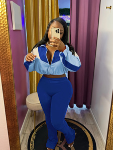 Survêtement patchwork pour femme avec logo personnalisé, nouvelle arrivée, manches longues, fermeture éclair, haut court, jogging, ensemble deux pièces - Product Image 2