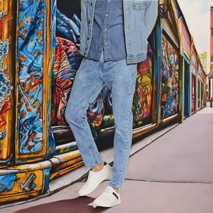 Jeans en denim léger coupe droite pour homme, design tendance, logo personnalisé, pantalon graphique avancé, streetwear - Product Image 2