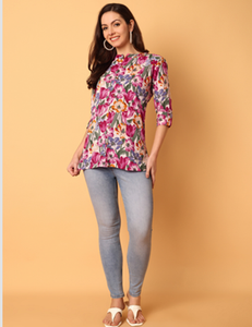 Blusa Asimétrica con Estampado Floral, Manga 3/4, Ligera, Cómoda, Fluida, para Todas las Temporadas, Informal, para Picnic o Fiesta, 100% Algodón - Product Image 2