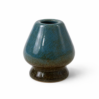 Ensemble de 4 pièces pour cérémonie du thé japonaise, bleu sarcelle, avec glaçure réactive, comprenant un bol en céramique à bec verseur, un support pour Chasen, un fouet en bambou et une cuillère.