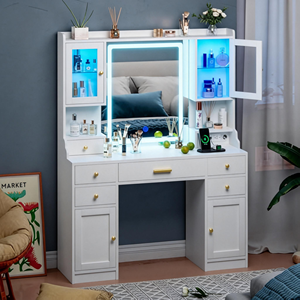 Coiffeuse Moderne Blanche Simple avec Lumières <span class=keywords><strong>et</strong></span> Tiroirs, <span class=keywords><strong>Table</strong></span> de Maquillage Légère en <span class=keywords><strong>Bois</strong></span> pour Dortoir - Product Image 3