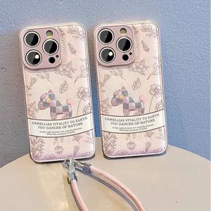 Étui de téléphone portable rétro pour iPhone 15 Pro <span class=keywords><strong>Max</strong></span>, motif de dessin animé de poney, imitation <span class=keywords><strong>cuir</strong></span>, cordon de poignet, bracelet, coque à coussin d'<span class=keywords><strong>air</strong></span> purement artisanale - Product Image 4