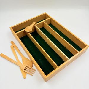 Organisateur de tiroir en bambou avec séparateurs pour couteaux, fourchettes, cuillères, boîte de rangement en bois, organisateur de bureau vert - Product Image 1