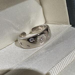 Bague en argent pur S925, pentagramme, style coréen vintage, bijoux légers avec micro-incrustations de diamants taillés, bague ouverte tendance - Product Image 1