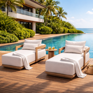 Chaise longue d'extérieur moderne pour villa, lit <span class=keywords><strong>de</strong></span> <span class=keywords><strong>soleil</strong></span> <span class=keywords><strong>de</strong></span> luxe en teck pour resort, transat <span class=keywords><strong>de</strong></span> piscine, lit <span class=keywords><strong>de</strong></span> jour - Product Image 1