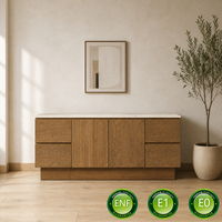 Meuble TV moderne et minimaliste sur mesure, console multimédia avec quatre tiroirs, panneaux en faux marbre, base plinthe, rangement, meubles de salon