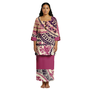 Ensemble deux pièces formel polynésien personnalisé pour femme, style Aloha, imprimé tatouage traditionnel samoan, vente en gros, collection été, Puletasi - Product Image 1