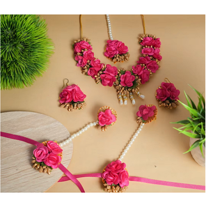 Stylish <b>Red</b> Flower Jewelry Set for Bride Handmade Necklace Earrings <b>Bracelet</b> Wedding Wear - Product Image 3