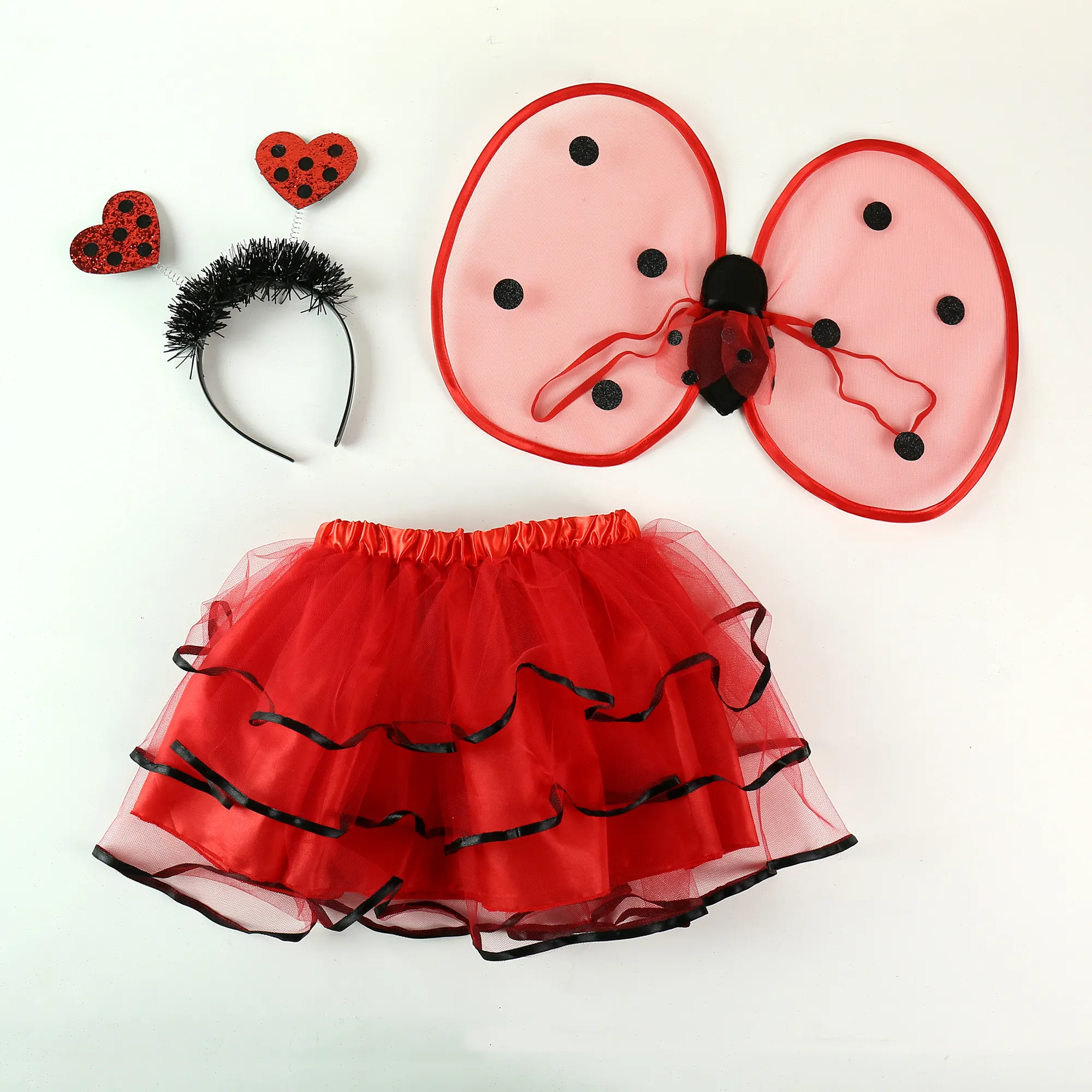 Ladybug, tutú de tul esponjoso rojo, conjunto de falda bonita + scrunchie + conjunto de alas, vestido de princesa para conjuntos de fiesta de niña