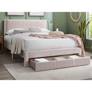 "Estructura de cama de panel de madera con diseño de textura de pana-Cama de almacenamiento tamaño Queen en rosa claro" - Product Image 1