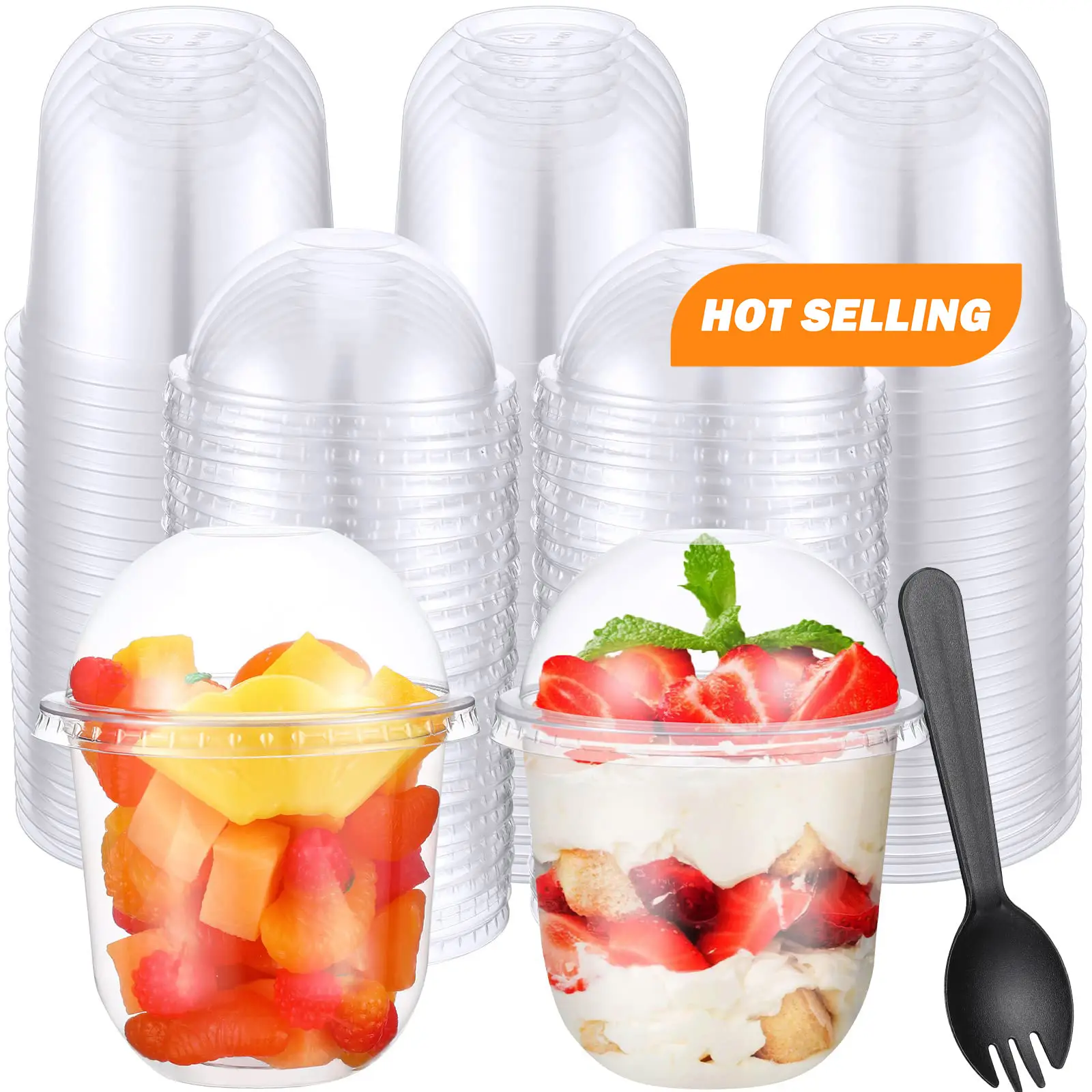 Vasos desechables de plástico personalizados bebida fría taza en forma de U postre parfit yogur jugo fruta mini tazas con tapas insertar paja spork