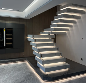 درج مكدس من الزجاج المقسى الخشب الصلب لوح فقي صخري رخامي درابزين الدرج مع مصباح ليد ستيرب قابل للتخصيص - Product Image 1