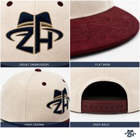 Casquette de baseball unisexe bicolore crème et bordeaux, à visière plate, six panneaux, structurée, réglable, avec logo brodé personnalisé