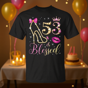 T-shirt d'anniversaire « 53 & Blessed » pour femme, style « Queen », noir, manches courtes, col rond, impression numérique, pour adulte, tenue de fête - Product Image 2