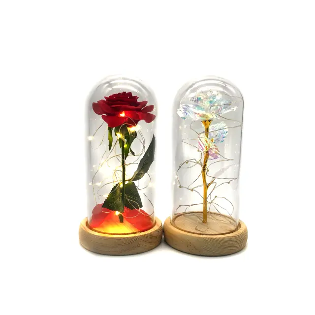 the Beauty and The Beast Rose with Lamp in the glass dome wooden base for home decoration girlfriend gift