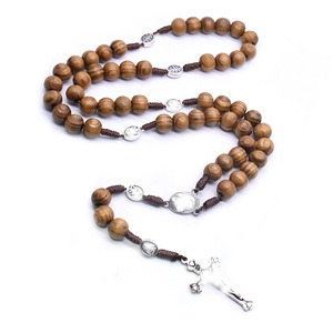 Collier de prière en bois fait main avec perles et pendentif croix en argent, bijou religieux unisexe, cadeau, origine Yiwu - Product Image 1