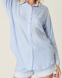 Ensemble de vêtements de nuit pour femmes à rayures bleues et blanches, chemise à manches longues et short de pyjama, doux et confortable, vêtements de nuit boutonnés - Product Image 2