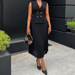 Conjunto de 2 Piezas para Mujer: Chaleco Cruzado con Cuello de Traje y Falda Plisada, a la Moda - Product Image 3