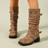 Bottines mi-mollet pour femme, style britannique, tendance, en similicuir vieilli, bout carré, talon carré, fermeture éclair latérale, rehaussantes