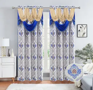 Luxury living room window curtains with attached beads valance 2 pieces one set