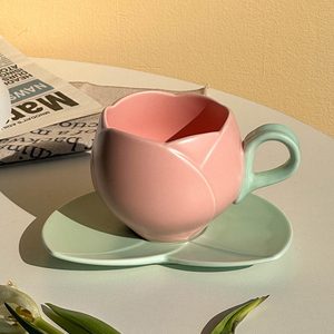 New Gift Mugs 300ml 10oz 3d Macaron pink Lovely Embossed Tulip Shaped <b>Ceramic</b> Porcelain Coffee <b>Cup</b> <b>Ceramic</b> Mug with Saucer - Product Image 2