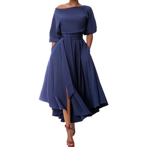 Vestidos al por mayor personalizados OEM de alta calidad para mujer, con hombro asimétrico, lazo, temperamento elegante, color sólido, vestidos irregulares. - Product Image 1