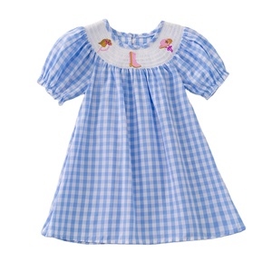 Robes en coton brodées à carreaux bleus pour filles en bas âge, vêtements à smocks pour le printemps et l'été, manches courtes, vêtements personnalisés - Product Image 2