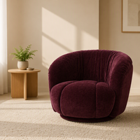 Fauteuil rond en velours bordeaux, fauteuil lounge en forme de tonneau avec dossier plissé et assise rembourrée en tissu moelleux, fauteuil d'appoint pour salon