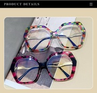 Monture de lunettes en acétate surdimensionnée, hexagonale, multicolore à carreaux et écaille de tortue magenta, 2 couleurs, optique