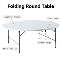 Table ronde pliante en plastique, table de banquet pliable robuste avec pieds en métal, adaptée à une utilisation en extérieur