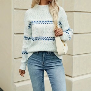 Women's Snowflake Knit Sweater Crew Neck Long Sleeve <b>Pullover</b> Christmas Holiday <b>Jumper</b> - Product Image 1