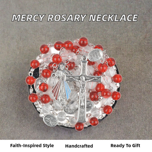 <span class=keywords><strong>Rosario</strong></span> con Cruz de la <span class=keywords><strong>Divina</strong></span> <span class=keywords><strong>Misericordia</strong></span>, Chapado en Plata Antigua, Cuentas Rojas Transparentes, Collar de Jesús, Regalo Religioso para Católicos que Rezan - Product Image 2