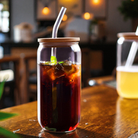 Tasses à café/bière/boisson transparentes en forme de pot en verre 12oz/16oz à motifs personnalisables avec couvercles et pailles en verre