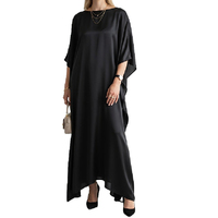 Robe en satin de soie noire sur mesure, style kaftan, manches chauve-souris classiques, taille unique, coupe ample