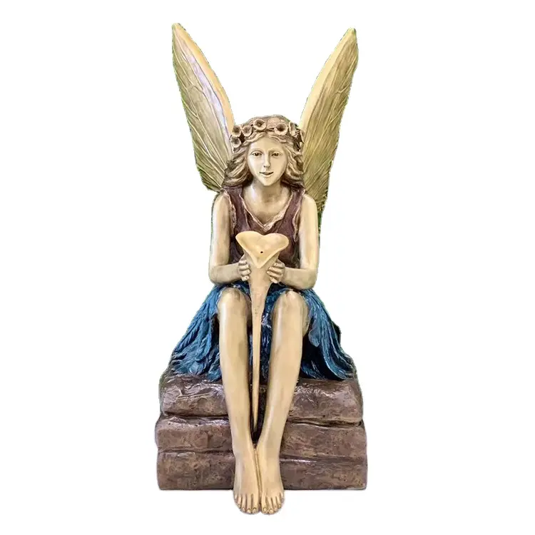翼のある美しい等身大のブロンズエンジェルガール女性の彫刻
