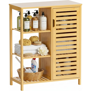 Bathroom Floor Cabinet, Bamboo Storage Cabinet with <strong>Door</strong> and 3 Open Shelves, Freestanding Side Kitchen <strong>Cupboard</strong> Organizer - Product Image 1