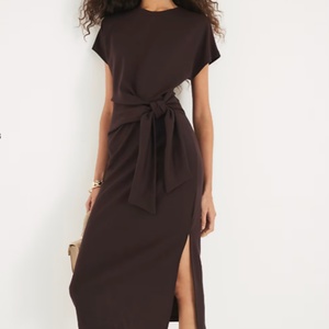 Vestido Midi Marrón con Detalle de Nudo, Manga Corta, Adorno de Volantes, Talla Grande, Cintura Imperio, Formal, Bonito, para Vacaciones, 6XL - Product Image 1