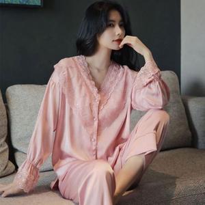 Conjunto de Pijama de Manga Larga con Encaje Dulce para Verano 2026, Pijama de Seda Satén Blanca con Cuello en V para Mujer - Product Image 4