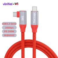 Câble USB 3.2 20 Gbit/s avec logo personnalisé, PD 240 W, USB-C à 90 degrés, pour tethering, 5 m, 7 m, 10 m, direct usine, support OEM ODM