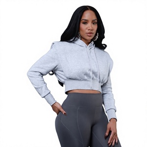 Sweat-shirt à capuche court gris pour femme, à épaules tombantes, manches longues, couleur unie, tricoté, respirant, vêtement de sport, collection automne - Product Image 1